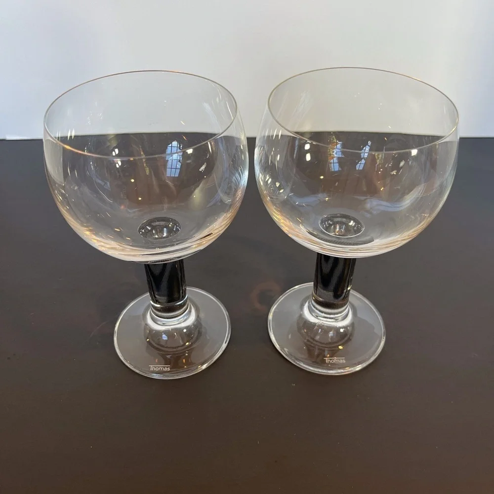Rare Vintage Thomas Germany, Colonna Graphic Black Stem Crystal Wine Glasses